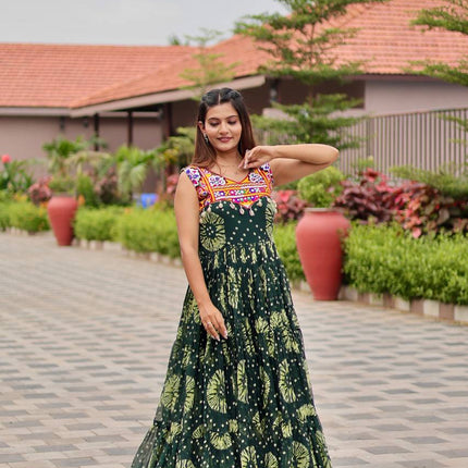 Sonakshi Women's Mehendi Foux Georgette Bandhni Print Gamathi Work With Mirror Anarkali Gown Set