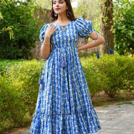 Sonakshi Women's Blue Rayon Digital Print Full Round Flair Anarkali Gown Set