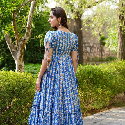 Sonakshi Women's Blue Rayon Digital Print Full Round Flair Anarkali Gown Set