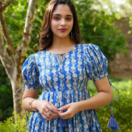 Sonakshi Women's Blue Rayon Digital Print Full Round Flair Anarkali Gown Set