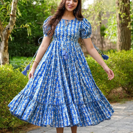 Sonakshi Women's Blue Rayon Digital Print Full Round Flair Anarkali Gown Set