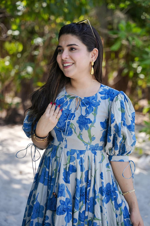 Sonakshi Women's Blue Rayon Digital Print Full Round Flair Anarkali Gown Set