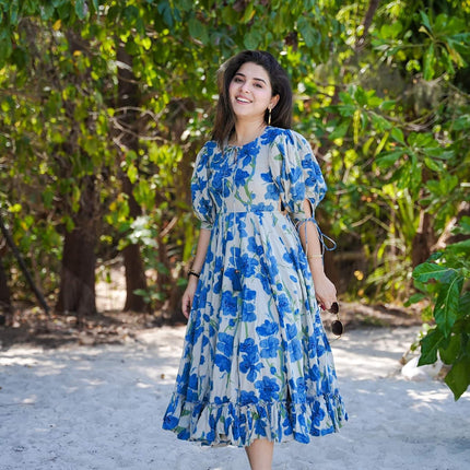 Sonakshi Women's Blue Rayon Digital Print Full Round Flair Anarkali Gown Set