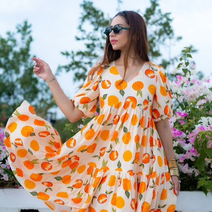 Sonakshi Women's White & Yellow Rayon Digital Print Full Round Flair Anarkali Gown Set