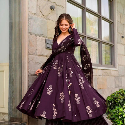 Sonakshi Women's Purple Maslin Digital Print Full Round Flair Anarkali Gown Set With Dupatta