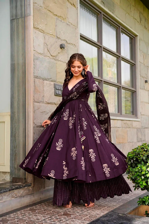 Sonakshi Women's Purple Maslin Digital Print Full Round Flair Anarkali Gown Set With Dupatta