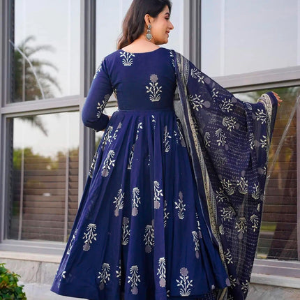 Sonakshi Women's Royal Blue Maslin Digital Print Full Round Flair Anarkali Gown Set With Dupatta