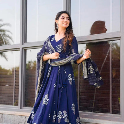 Sonakshi Women's Royal Blue Maslin Digital Print Full Round Flair Anarkali Gown Set With Dupatta