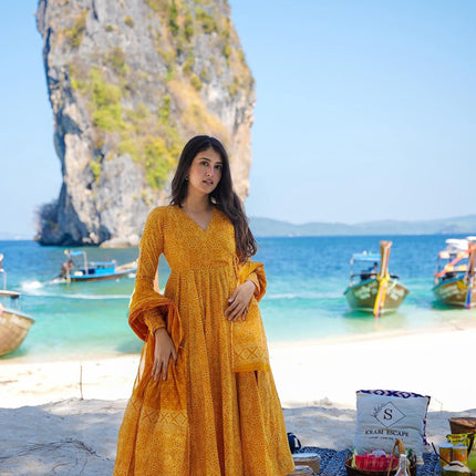 Sonakshi Women's Yellow Maslin Digital Print Full Round Flair Anarkali Gown Set With Dupatta