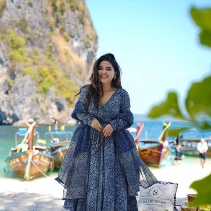 Sonakshi Women's Navy Blue Maslin Digital Print Full Round Flair Anarkali Gown Set With Dupatta