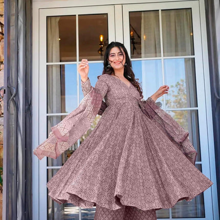 Sonakshi Women's Baby Purple Maslin Digital Print Full Round Flair Anarkali Gown Set With Dupatta