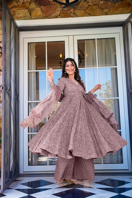 Sonakshi Women's Baby Purple Maslin Digital Print Full Round Flair Anarkali Gown Set With Dupatta