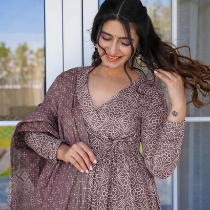 Sonakshi Women's Baby Purple Maslin Digital Print Full Round Flair Anarkali Gown Set With Dupatta