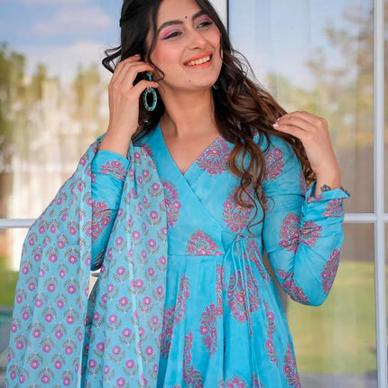 Sonakshi Women's Electric Blue Maslin Digital Print Full Round Flair Anarkali Gown Set With Dupatta
