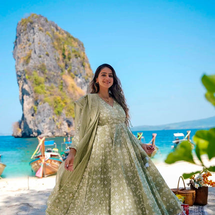 Sonakshi Women's Baby Green Maslin Digital Print Full Round Flair Anarkali Gown Set With Dupatta