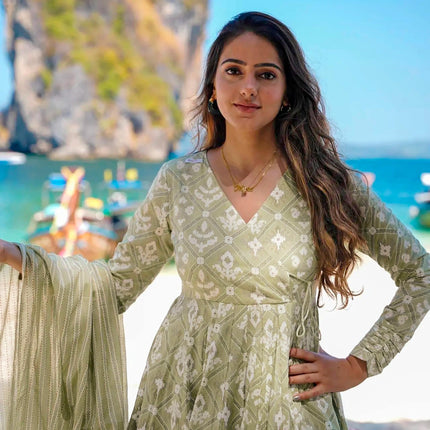 Sonakshi Women's Baby Green Maslin Digital Print Full Round Flair Anarkali Gown Set With Dupatta