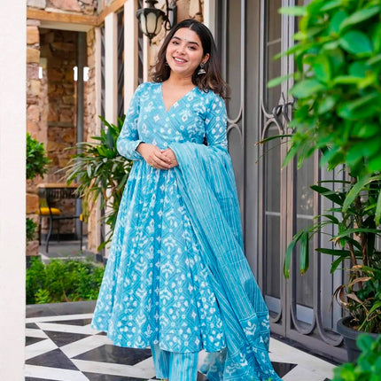 Sonakshi Women's Bright Blue Maslin Digital Print Full Round Flair Anarkali Gown Set With Dupatta