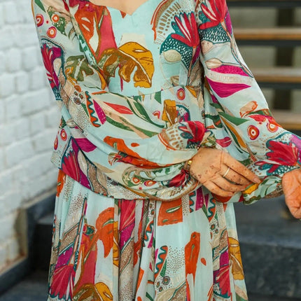 Sonakshi Women's C Green Air tex Chinon Digital Print Full Round Flair Anarkali Gown Set