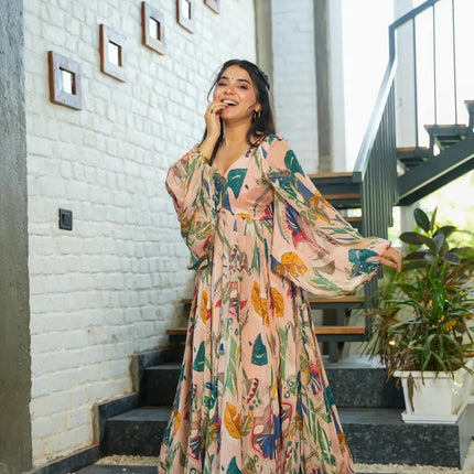 Sonakshi Women's Peach Air tex Chinon Digital Print Full Round Flair Anarkali Gown Set