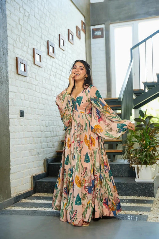 Sonakshi Women's Peach Air tex Chinon Digital Print Full Round Flair Anarkali Gown Set