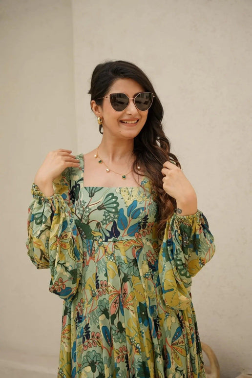 Sonakshi Women's Pista Air tex Chinon Digital Print Full Round Flair Anarkali Gown Set