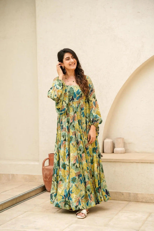 Sonakshi Women's Pista Air tex Chinon Digital Print Full Round Flair Anarkali Gown Set