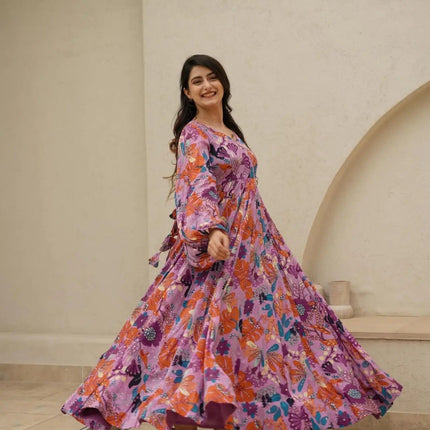 Sonakshi Women's Pink Air tex Chinon Digital Print Full Round Flair Anarkali Gown Set