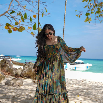 Sonakshi Women's Green Air tex Chinon Digital Print Full Round Flair Anarkali Gown Set