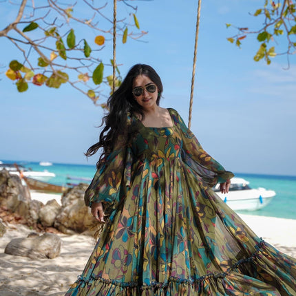 Sonakshi Women's Green Air tex Chinon Digital Print Full Round Flair Anarkali Gown Set