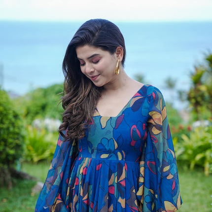 Sonakshi Women's Peacock Air tex Chinon Digital Print Full Round Flair Anarkali Gown Set