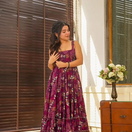 Sonakshi Women's Purple Heavy Rayon Digital Print Full Round Flair Anarkali Gown Set