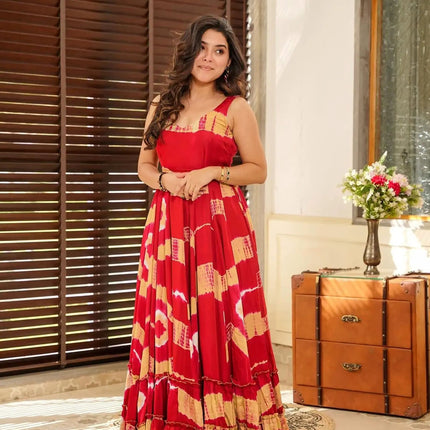 Sonakshi Women's Red Heavy Rayon Digital Print Full Round Flair Anarkali Gown Set