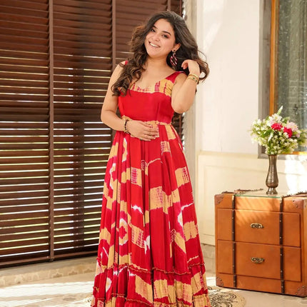 Sonakshi Women's Red Heavy Rayon Digital Print Full Round Flair Anarkali Gown Set