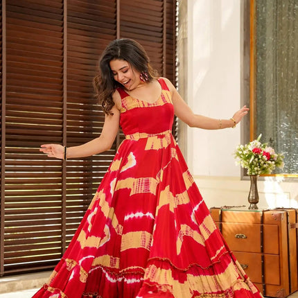 Sonakshi Women's Red Heavy Rayon Digital Print Full Round Flair Anarkali Gown Set