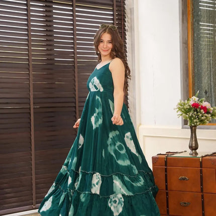 Sonakshi Women's Green Heavy Rayon Digital Print Full Round Flair Anarkali Gown Set