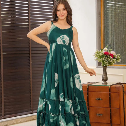 Sonakshi Women's Green Heavy Rayon Digital Print Full Round Flair Anarkali Gown Set