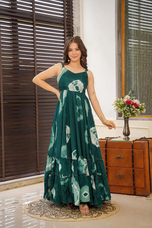 Sonakshi Women's Green Heavy Rayon Digital Print Full Round Flair Anarkali Gown Set