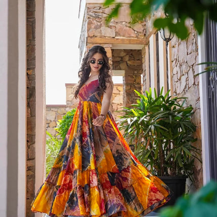 Sonakshi Women's Multycolor Heavy Rayon Digital Print Full Round Flair Anarkali Gown Set