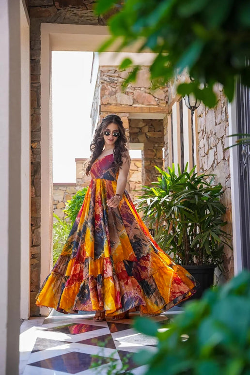 Sonakshi Women's Multycolor Heavy Rayon Digital Print Full Round Flair Anarkali Gown Set