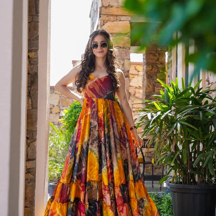 Sonakshi Women's Multycolor Heavy Rayon Digital Print Full Round Flair Anarkali Gown Set