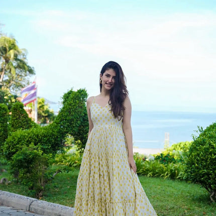 Sonakshi Women's Yellow Heavy Rayon Digital Print Full Round Flair Anarkali Gown Set