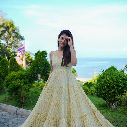 Sonakshi Women's Yellow Heavy Rayon Digital Print Full Round Flair Anarkali Gown Set