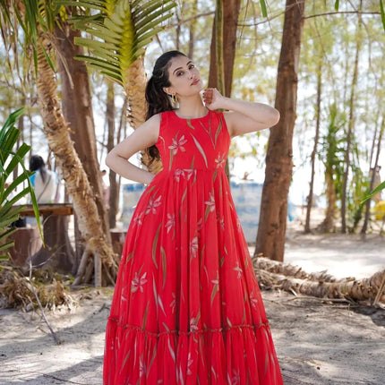 Sonakshi Women's Ranipink Faux Georgette Digital Print Full Round Flair Anarkali Gown Set