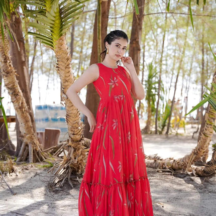 Sonakshi Women's Ranipink Faux Georgette Digital Print Full Round Flair Anarkali Gown Set