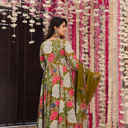 Sonakshi Women's Multycolor Maslin Digital Print Full Round Flair Anarkali Gown Set With Dupatta