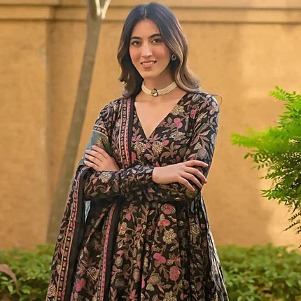 Sonakshi Women's Black Maslin Digital Print Full Round Flair Anarkali Gown Set With Dupatta