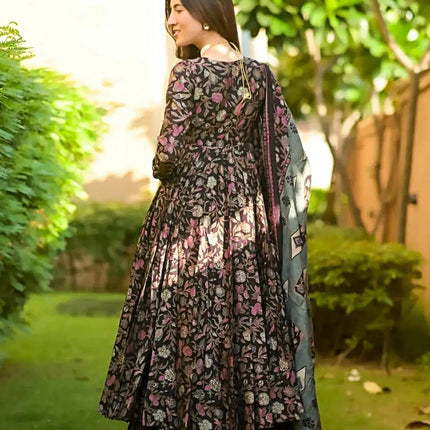 Sonakshi Women's Black Maslin Digital Print Full Round Flair Anarkali Gown Set With Dupatta