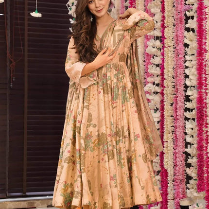 Sonakshi Women's Peach Maslin Digital Print Full Round Flair Anarkali Gown Set With Dupatta