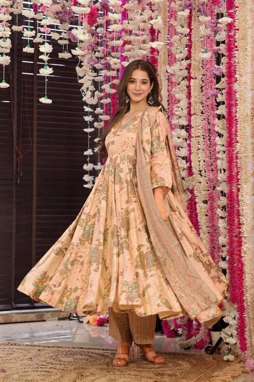 Sonakshi Women's Peach Maslin Digital Print Full Round Flair Anarkali Gown Set With Dupatta