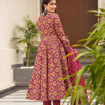 Sonakshi Women's Maharani Maslin Digital Print Full Round Flair Anarkali Gown Set With Dupatta